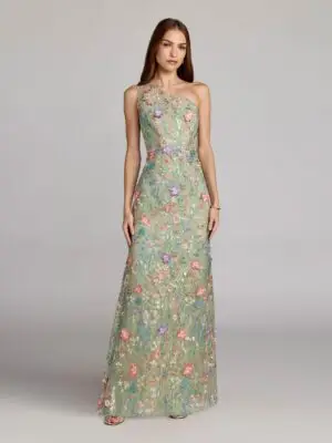 Petite Green One Shoulder Floral Embroidered Gown