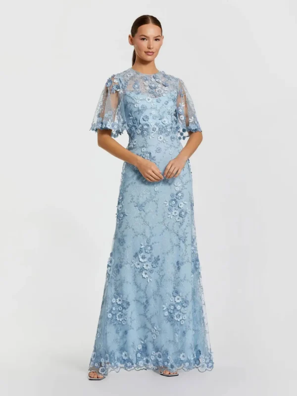 Petite Blue Flutter Sleeve Floral Embroidered Net Gown
