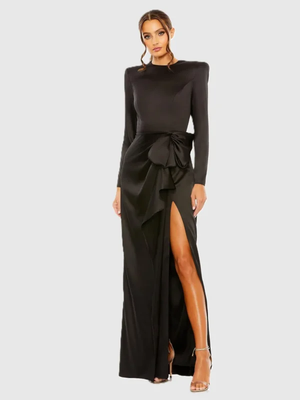 Petite Black Long Sleeve Satin Structured Bow Draped Column Gown