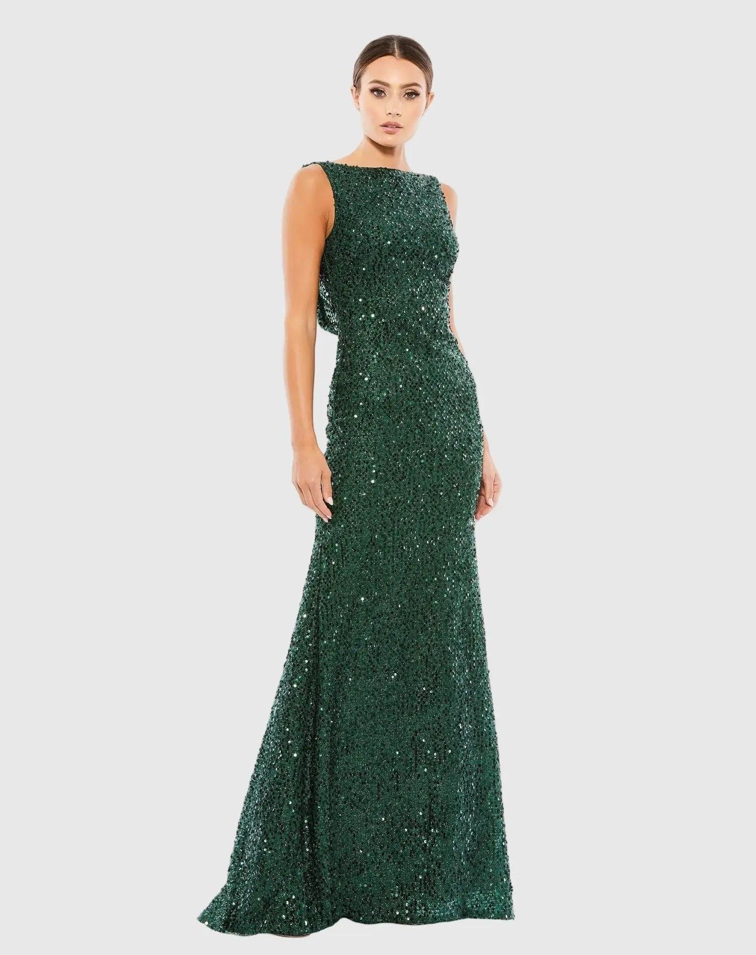 Petite Green Cowl Back Boat Neck Sequined Evening Gown