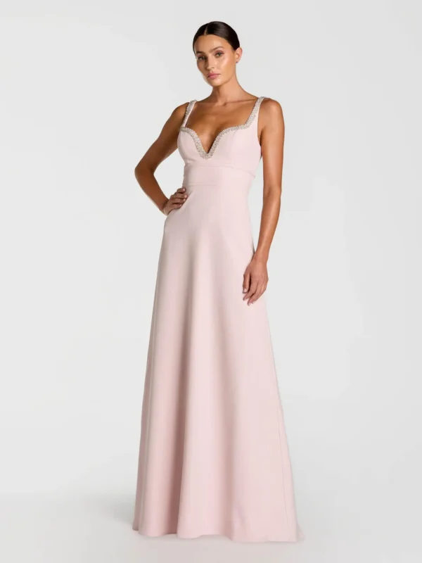 Petite Light Pink Crepe A-Line Gown With Rhinestone Trim