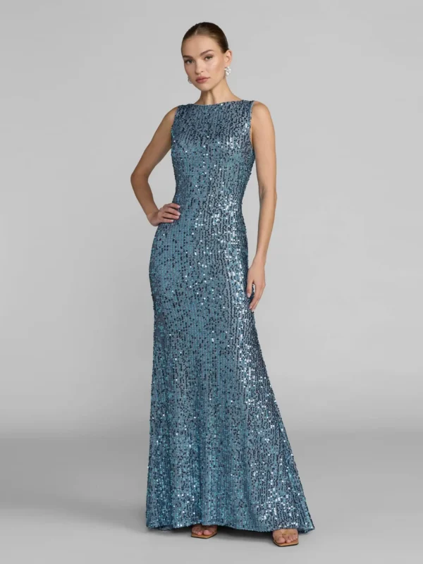 Petite Blue Cowl Back Boat Neck Sequined Evening Gown