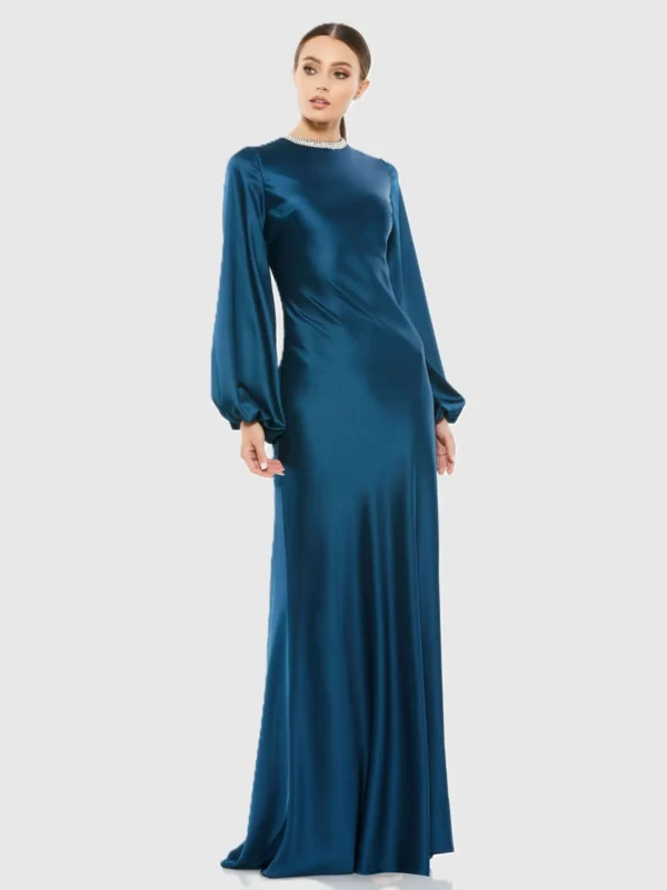 Petite Blue Beaded High Neck Bishop Sleeve Satin Gown