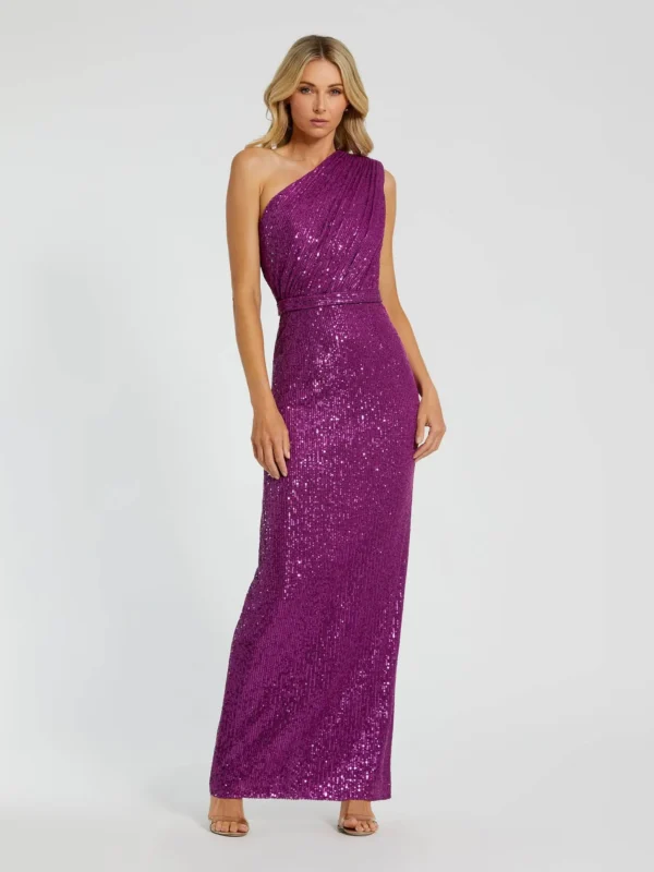 Petite Dark Purple Sequined Ruched One Shoulder Gown