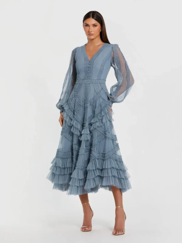 Petite Blue Long Sleeve V-Neck Micro Ruffle Midi Dress