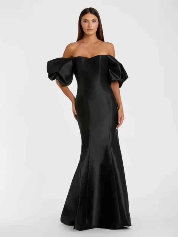 Petite Black Sweetheart Off The Shoulder Puff Sleeve Gown