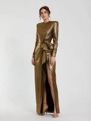 Petite Gold Metallic Long Sleeve Gown With Bow
