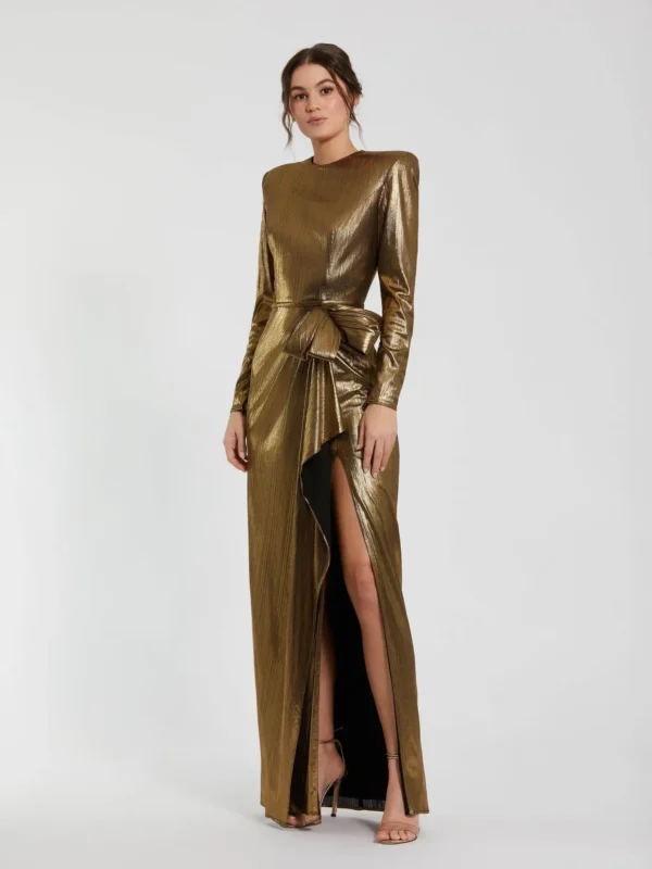 Petite Gold Metallic Long Sleeve Gown With Bow