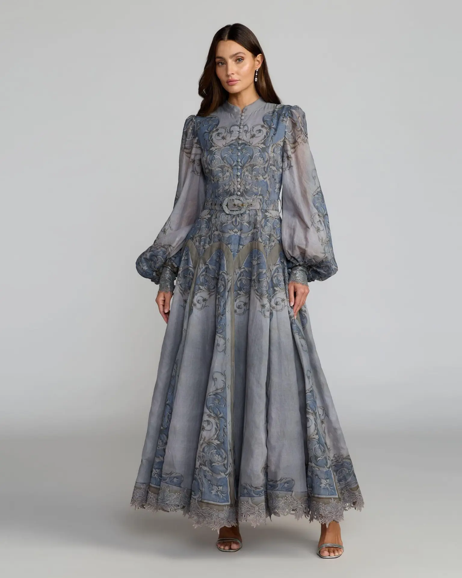Petite Gray Bishop Sleeve Printed Cotton A-Line Dress