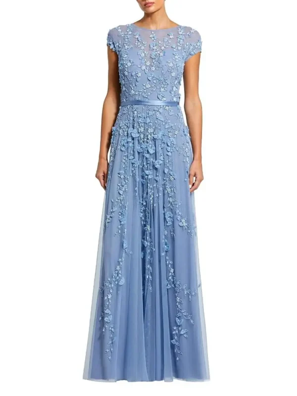 Mac Duggal Petite Pink Floral Embellished Cap Sleeve Gown