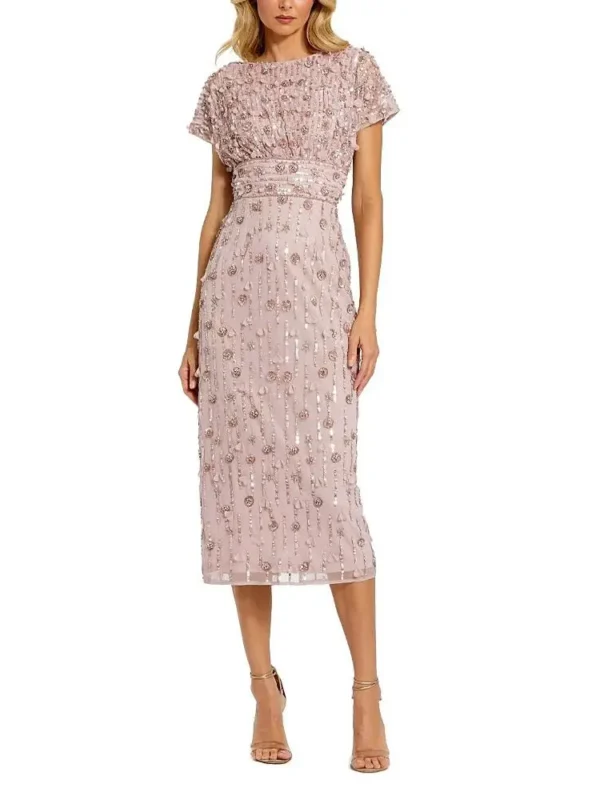 Mac Duggal Petite Cap Sleeve Sheath Midi Dress With Floral Beading
