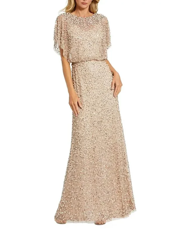 Mac Duggal Petite High Neck Short Sleeve Embellished Gown