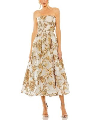 Mac Duggal Petite Gold Strapless Brocade Midi Dress with Pockets