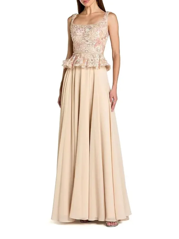 Mac Duggal Petite Embroidered Peplum Top With Chiffon Skirt Gown