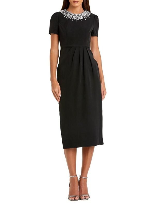 Mac Duggal Petite Short Sleeve Rhinestone Neckline Midi Dress
