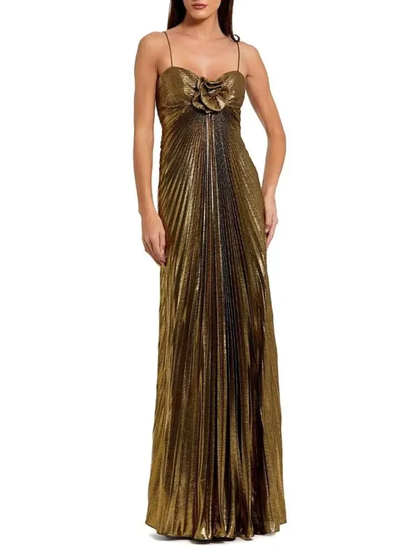 Mac Duggal Petite Pleated Metallic Gown with Thin Straps and 3D Floral Detail