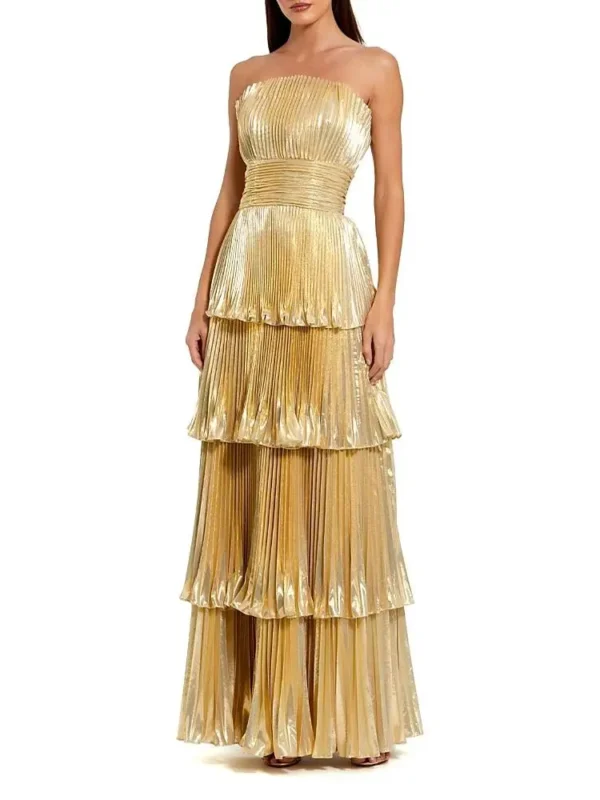 Mac Duggal Petite Strapless Pleated Metallic Layered High Low Gown