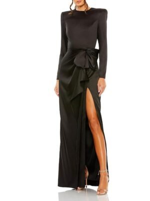 Mac Duggal Petite Long Sleeve Satin Structured Bow Draped Column Gown