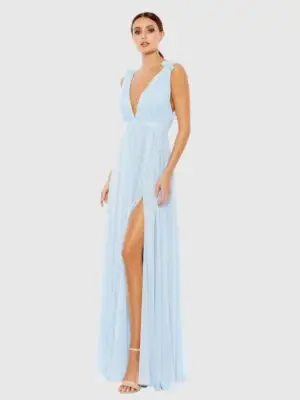 Blue Sleeveless Pleated Chiffon V-Neck Gown