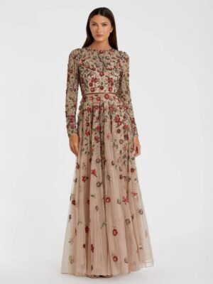 Beige Embellished High Neck Long Sleeve A Line Gown