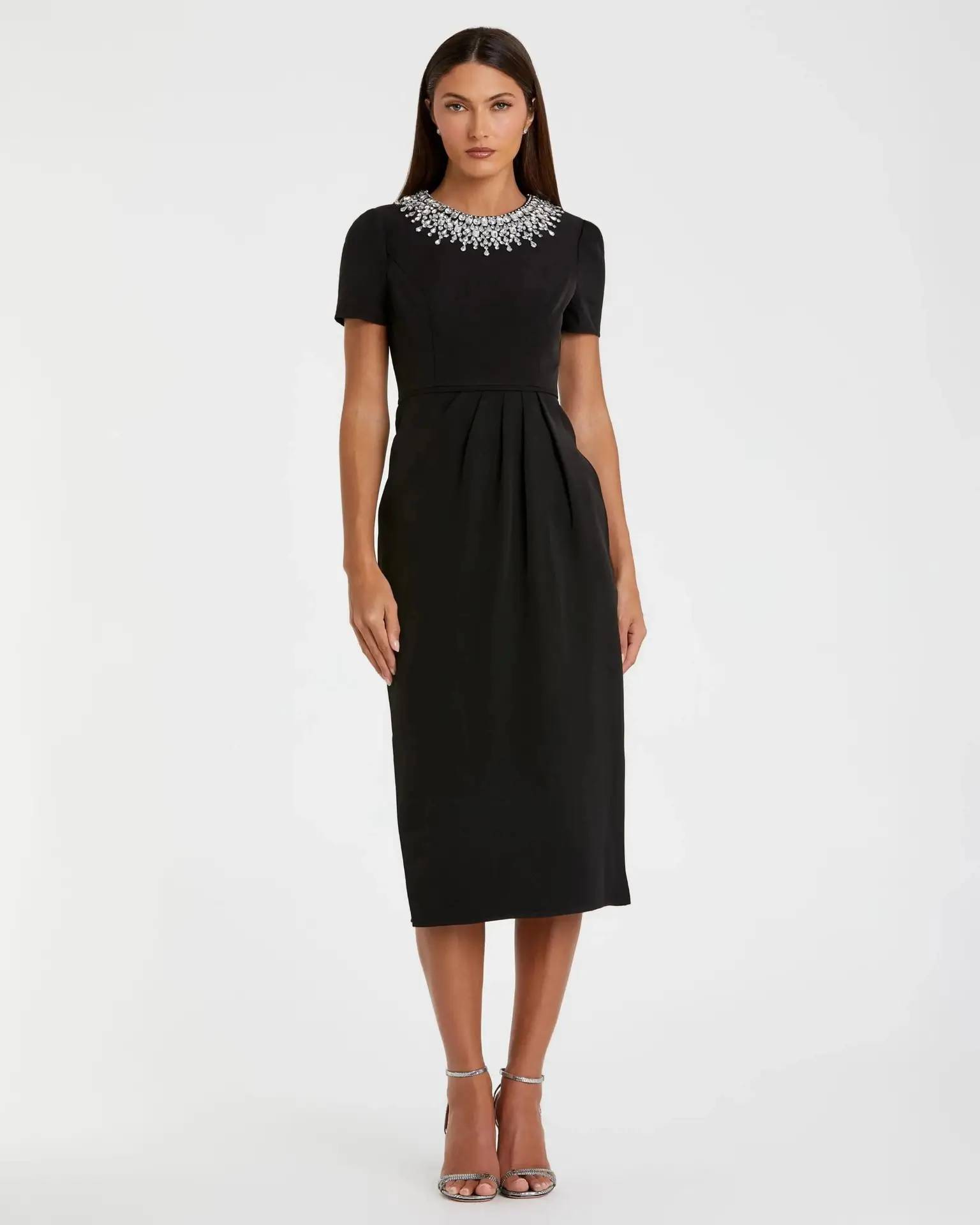 Black Short Sleeve Rhinestone Neckline Midi Dress