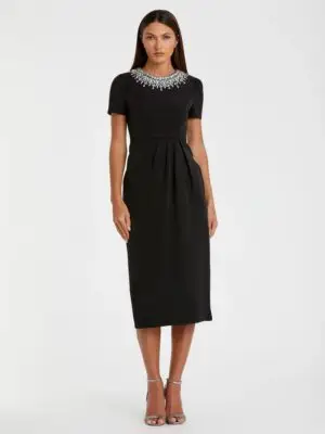 Black Short Sleeve Rhinestone Neckline Midi Dress