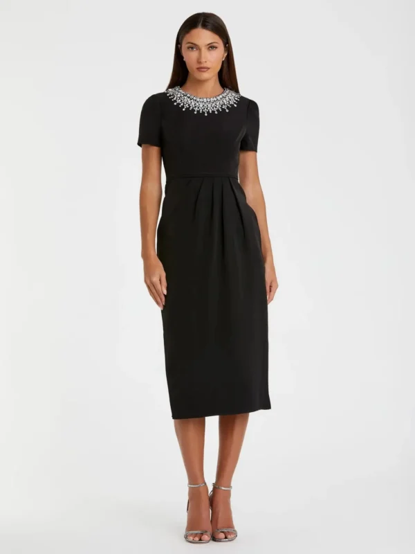 Black Short Sleeve Rhinestone Neckline Midi Dress