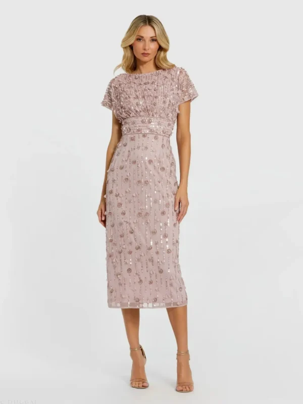 Pink Cap Sleeve Sheath Midi Dress With Floral Beading