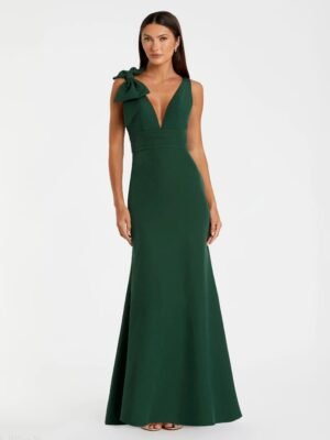 Green Sleeveless V Neck Bow Detail Mermaid Gown