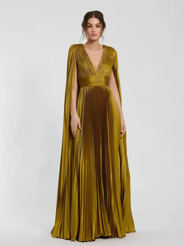 Green Pleated Charmeuse V Neck Gown With Cape