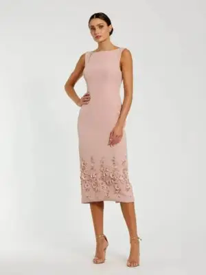 Pink Crepe Sleeveless Midi Dress With Flower Beading