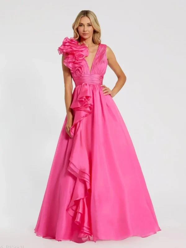 Pink Ruffle Shoulder V-Neck Chiffon Gown
