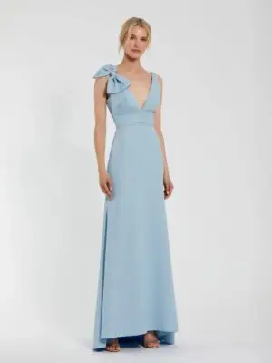 Blue Sleeveless V Neck Bow Detail Mermaid Gown