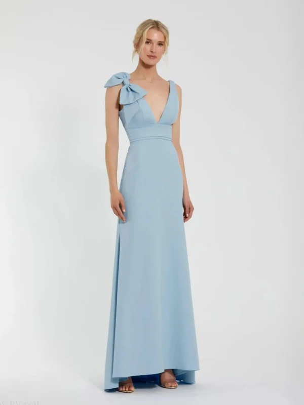 Blue Sleeveless V Neck Bow Detail Mermaid Gown