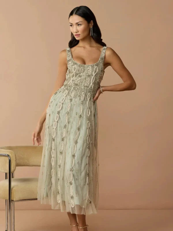 Green Sleeveless Scoop Neck Embellished Midi Dress