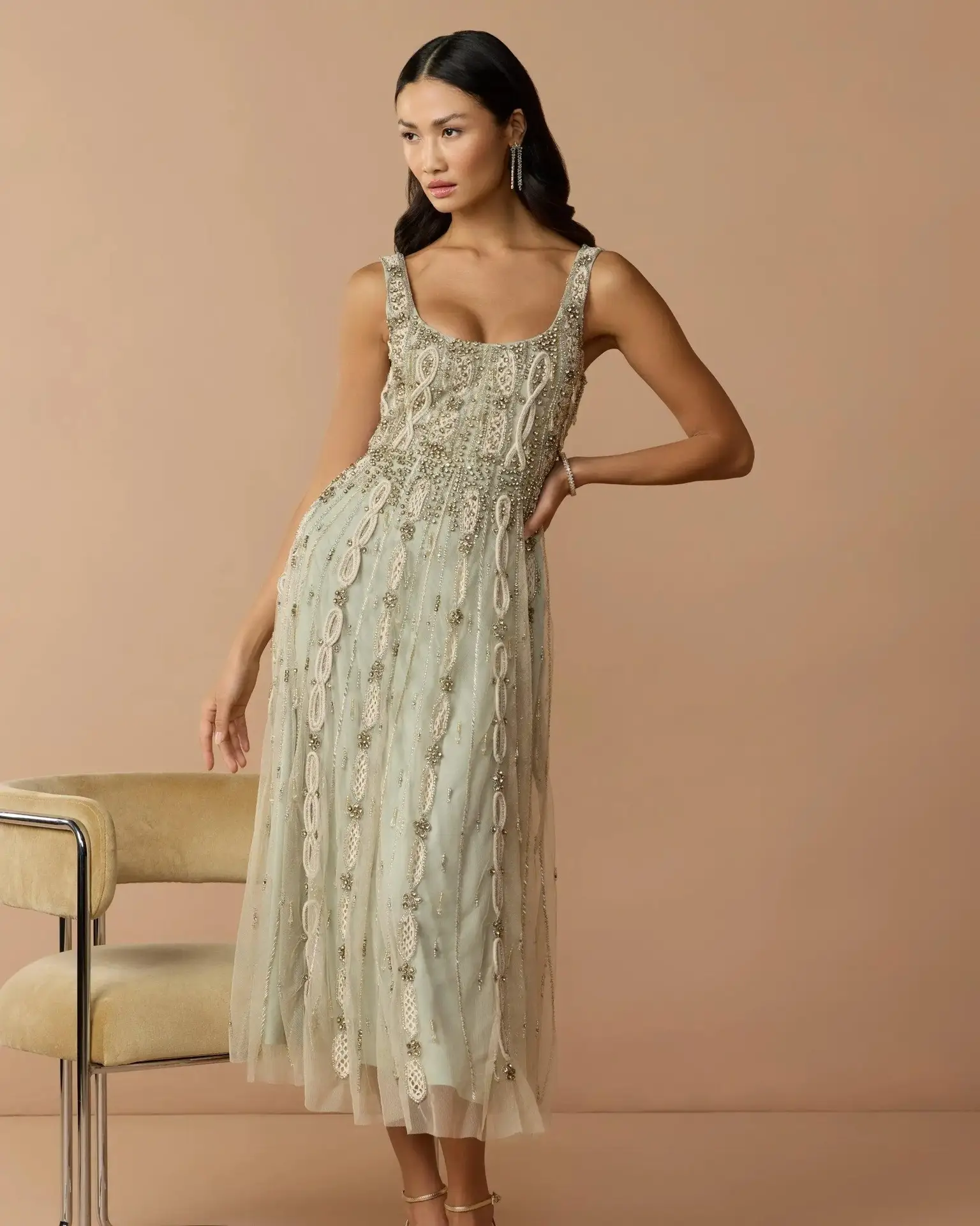 Green Sleeveless Scoop Neck Embellished Midi Dress