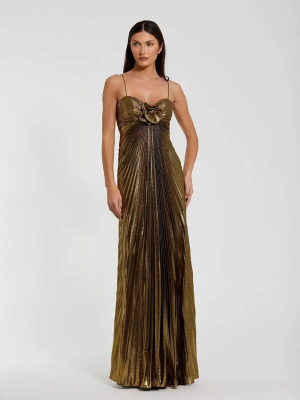 Gold Metallic Pleated Gown with 3D Flower