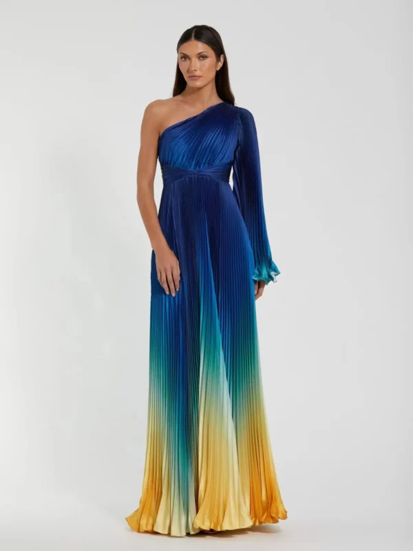 Blue Pleated Charmeuse One Shoulder Ombre Gown