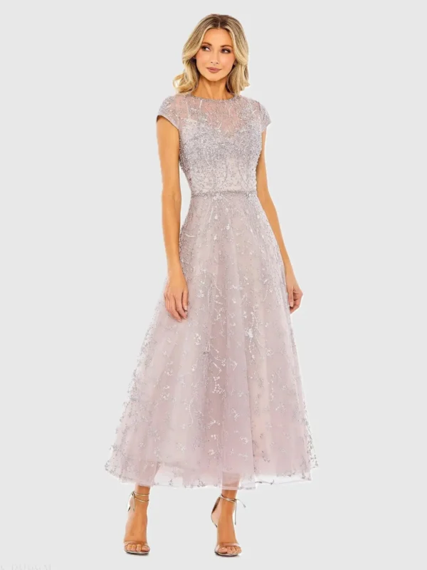 Purple Embellished High Neck Cap Sleeve A Line Dress
