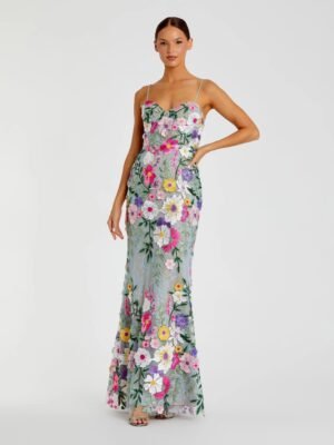 Green Floral Embroidered Sleeveless Bustier Gown
