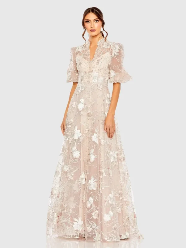 Pink Queen Anne Puff Sleeve Embroidered A-Line Gown