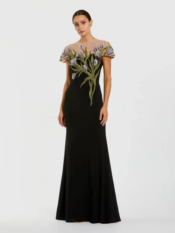 Black High Neck Floral Embroidered Jersey Gown