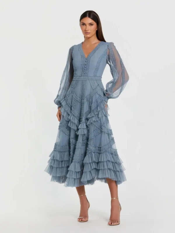 Blue Long Sleeve V-Neck Micro Ruffle Midi Dress