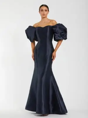 Navy Sweetheart Off The Shoulder Puff Sleeve Gown