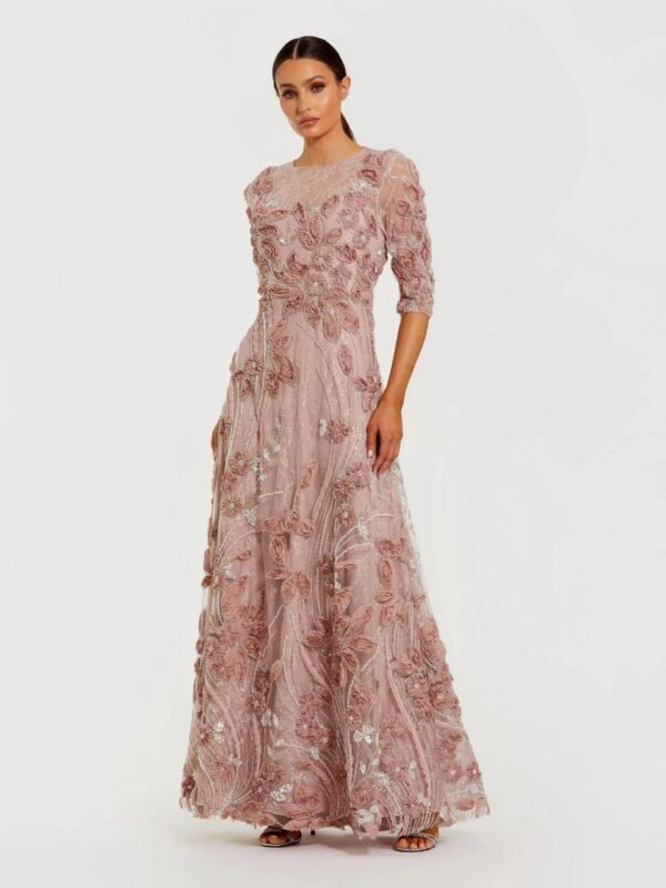 Pink High Neck Embellished Lace Gown with 3/4 Sleeves