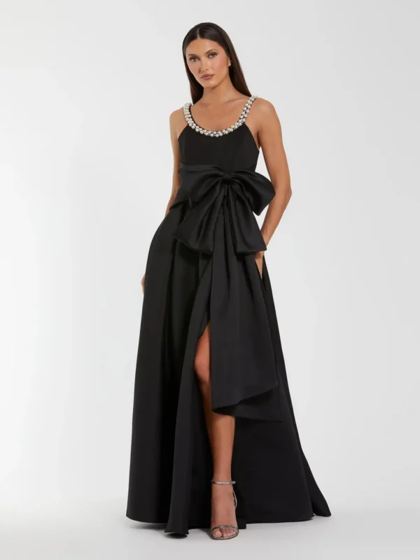 Black Satin Gown With Pearl Neckline and Bow Detail