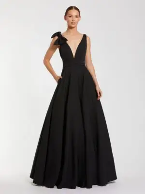 Black Sleeveless Plunge Neck Ball Gown With Bow Detail