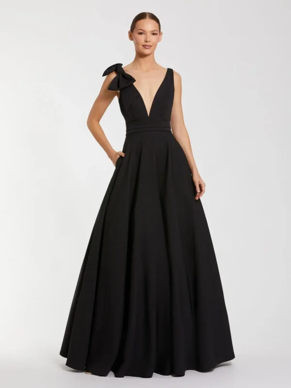 Black Sleeveless Plunge Neck Ball Gown With Bow Detail