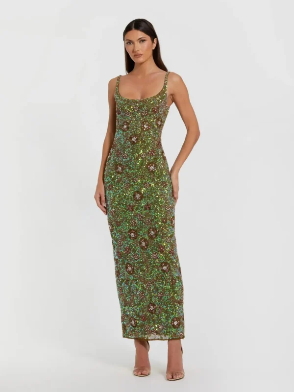Green Sleeveless Hand Embellished Floral Maxi Dress