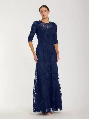 Navy High Neck Embellished Lace Gown with 3/4 Sleeves